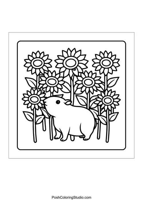 An otter standing near a waterfall surrounded by lush greenery — free printable capybara coloring page