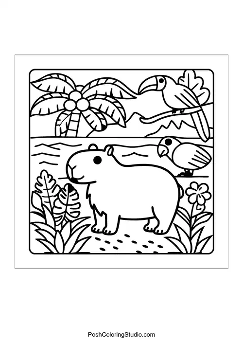 An otter sitting on a log with a bird perched nearby — free printable capybara coloring page