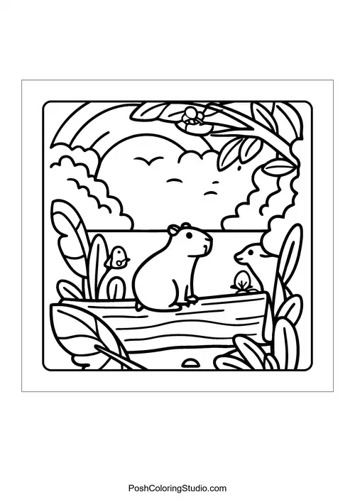 An otter holding a bouquet of flowers surrounded by bees — free printable capybara coloring page