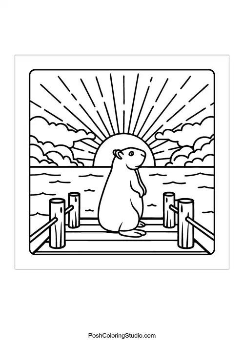 An otter standing under a large mushroom with plants around — free printable capybara coloring page