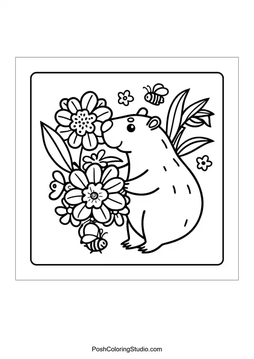 An otter carrying a basket of fruits through a forest — free printable capybara coloring page