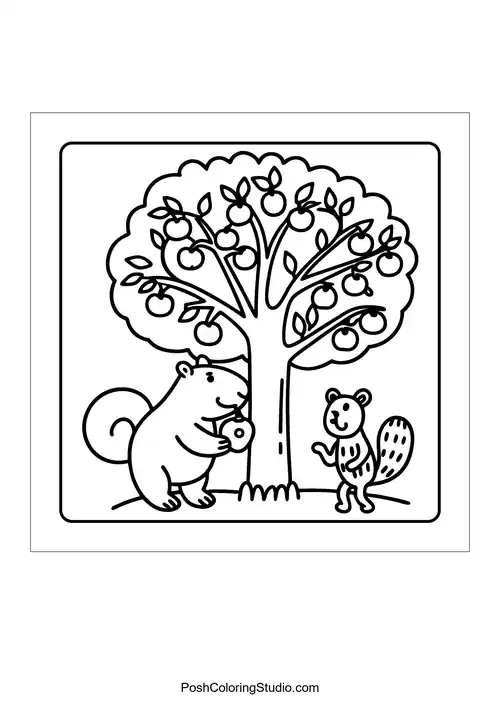 An otter balancing on a log in a pond with ducks nearby — free printable capybara coloring page