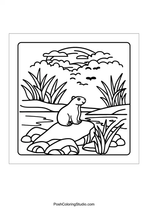 An otter sitting on a rock with waves crashing in the background — free printable capybara coloring page
