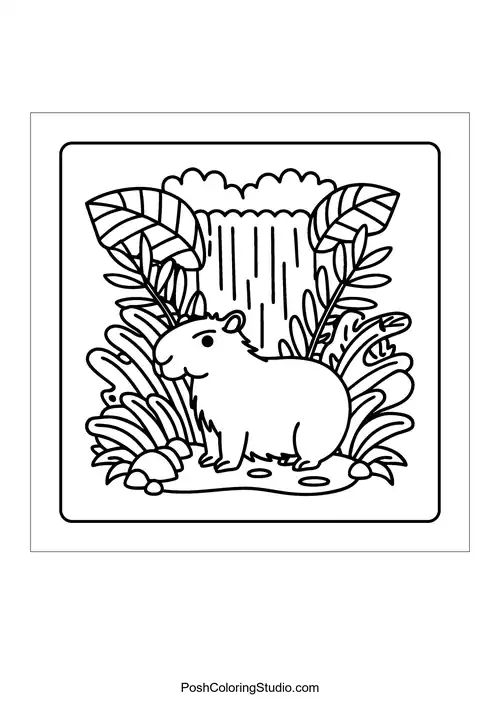 An otter by a pond with palm trees and a crab nearby — free printable capybara coloring page
