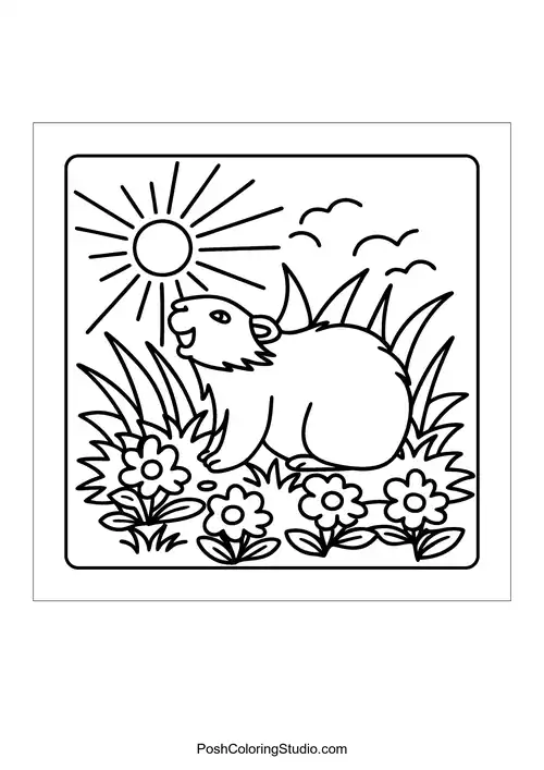 An otter swimming in a pond with a fisherman in a boat — free printable capybara coloring page