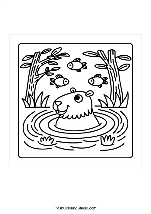 A panda and a bear eating bamboo in a forest setting — free printable capybara coloring page