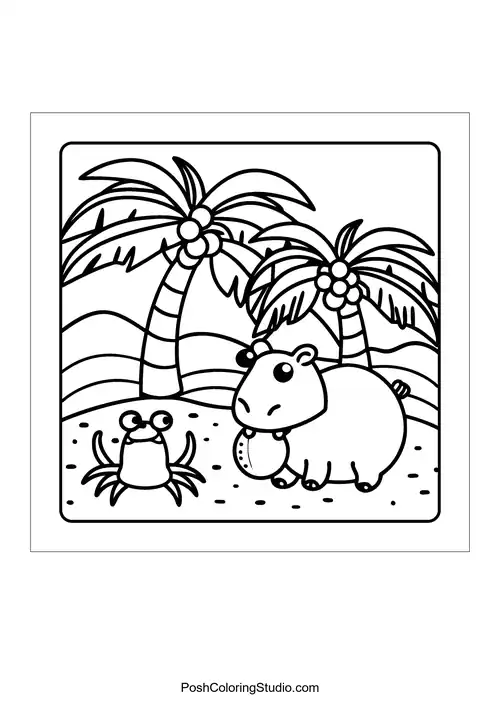 An otter surrounded by flowers and a butterfly fluttering nearby — free printable capybara coloring page