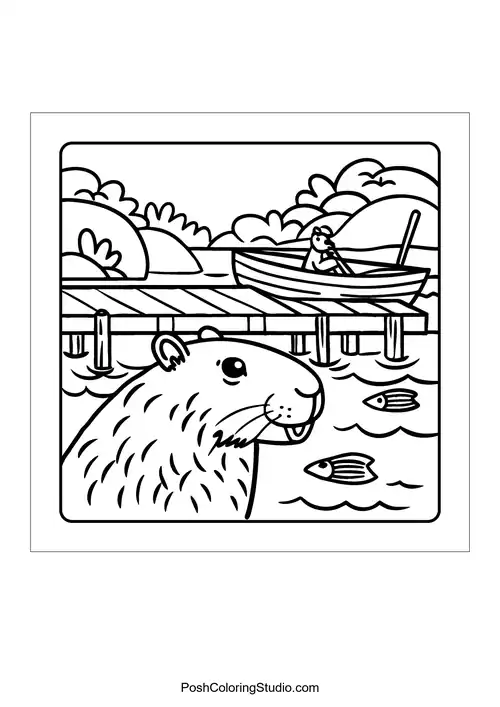 An otter sleeping under a tree with a bird perched above — free printable capybara coloring page