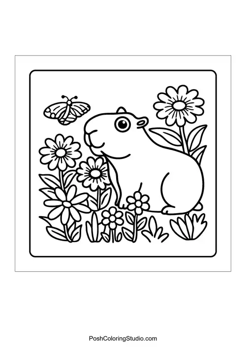 An otter splashing in a pond with ducklings swimming nearby — free printable capybara coloring page