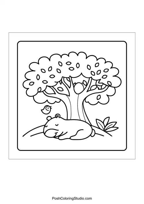 An otter sitting in a garden filled with flowers and bees — free printable capybara coloring page
