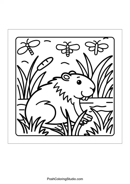 An otter wearing a raincoat under a rainbow with raindrops — free printable capybara coloring page