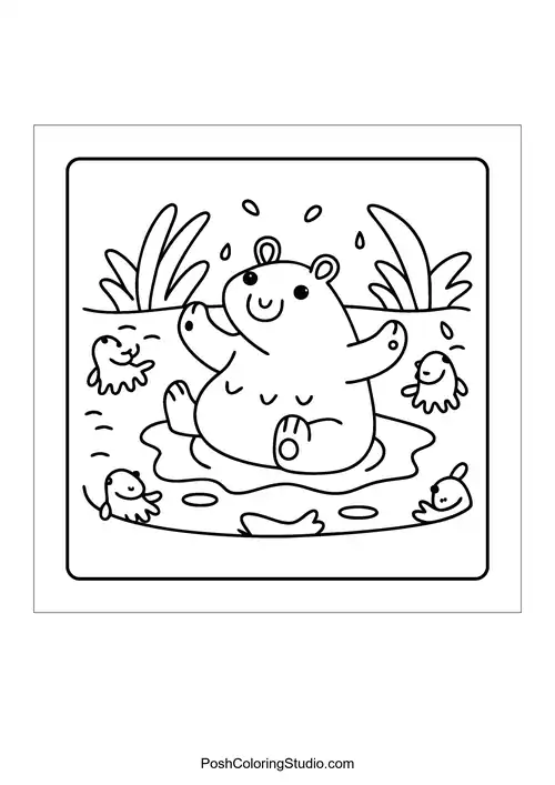 Two hippos swimming in a pond surrounded by lily pads — free printable capybara coloring page