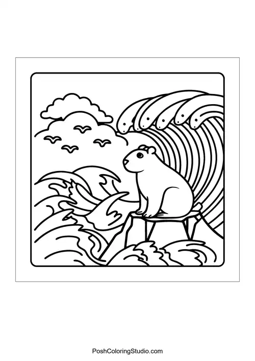 An otter sitting on a rock with fish swimming around it — free printable capybara coloring page