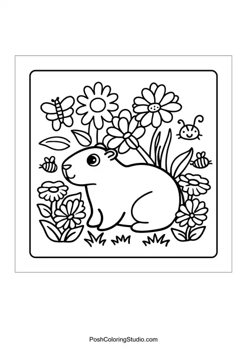 An otter having a picnic with fruits and a drink — free printable capybara coloring page