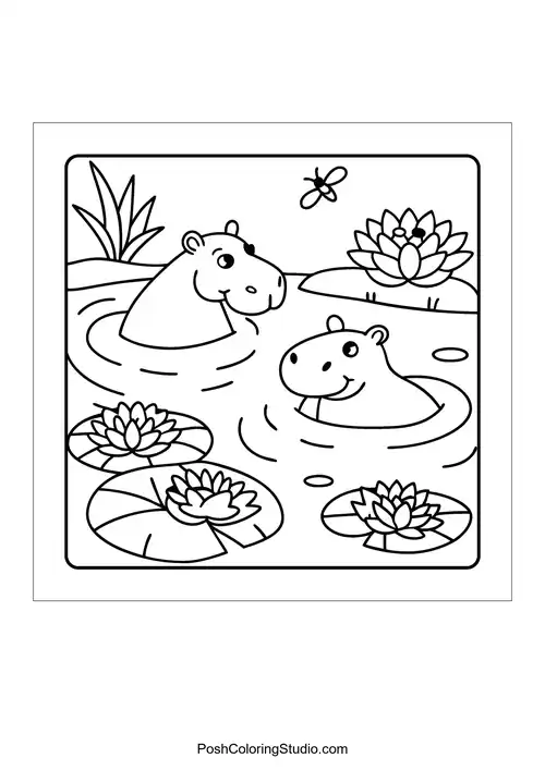An otter with ducklings waddling beside it near a pond — free printable capybara coloring page