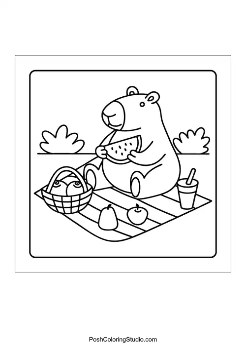 A turtle and an otter smiling at each other in a garden — free printable capybara coloring page