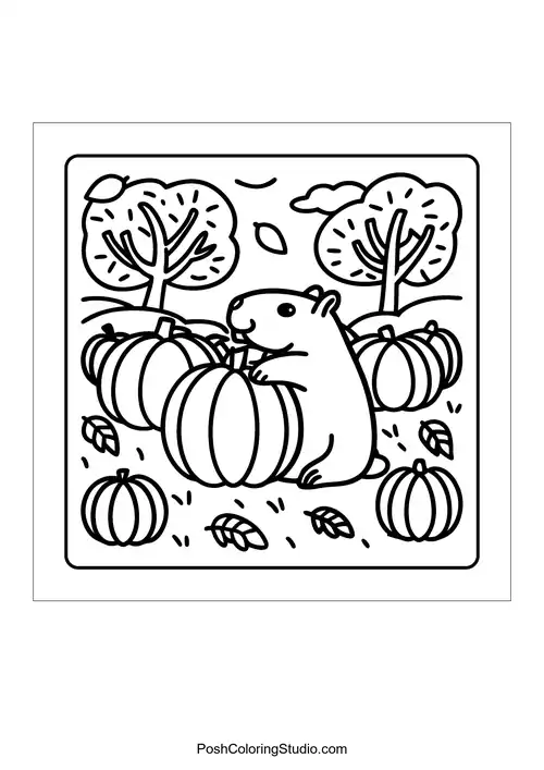 An otter sitting on a lily pad with fish swimming around — free printable capybara coloring page