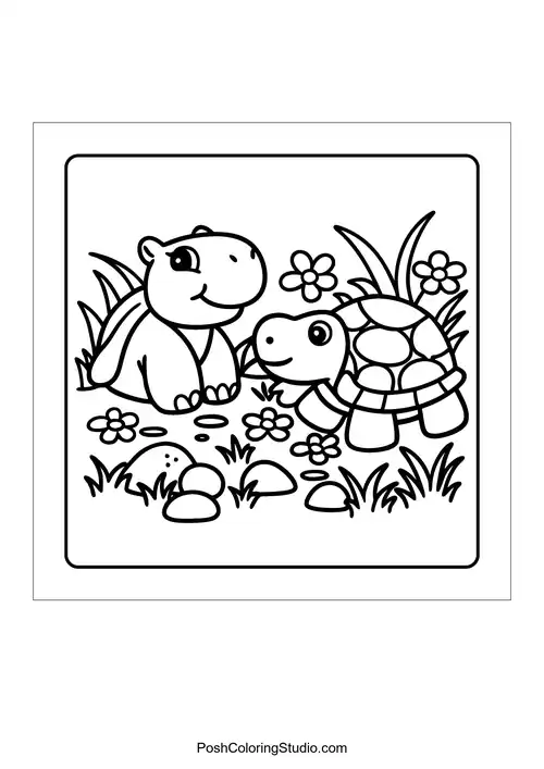 Two squirrels sharing a snack on a log in the forest — free printable capybara coloring page