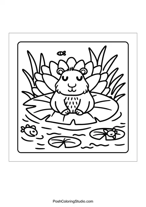 An otter carrying a basket of fruits through a forest path — free printable capybara coloring page