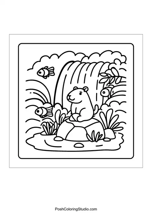 An otter floating on a raft surrounded by tall trees — free printable capybara coloring page