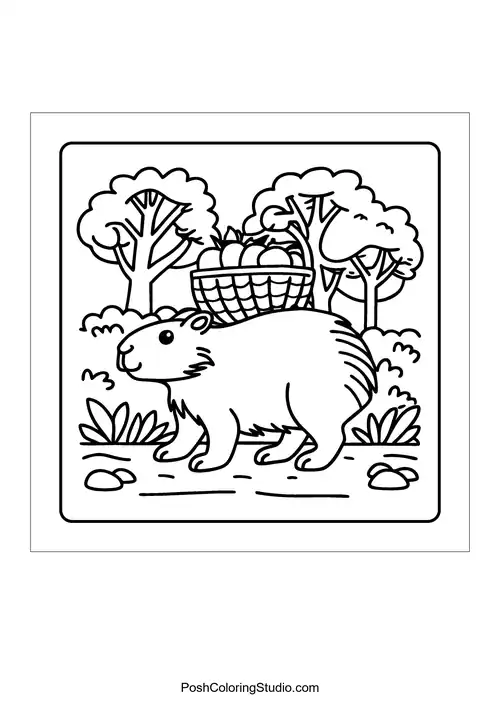 An otter and a crab playing on the beach with palm trees — free printable capybara coloring page