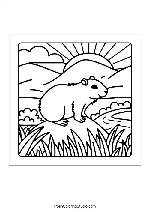 An otter swimming in a pond with a fisherman in a boat (design 41) — free printable capybara coloring page