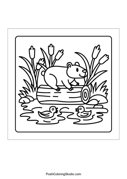 A panda and a bear eating bamboo in a forest setting (design 42) — free printable capybara coloring page