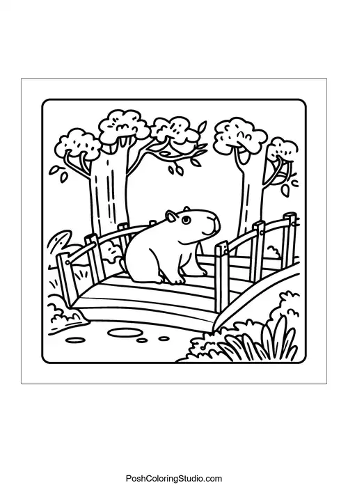 An otter surrounded by flowers and a butterfly fluttering nearby (design 43) — free printable capybara coloring page