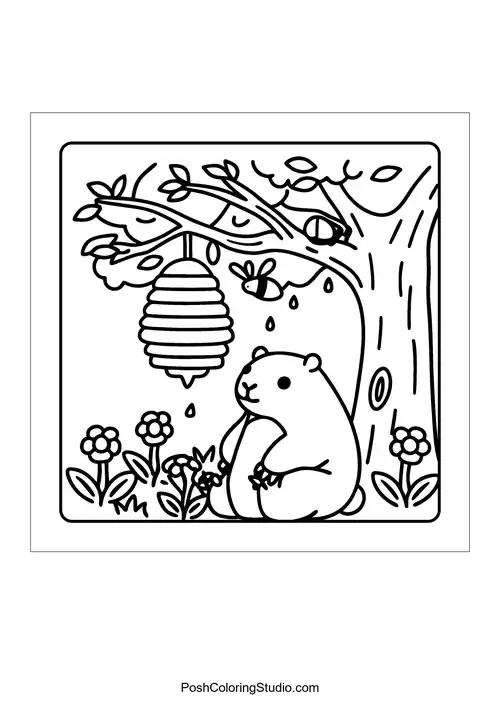 An otter playing by a pond with dragonflies flying around (design 45) — free printable capybara coloring page
