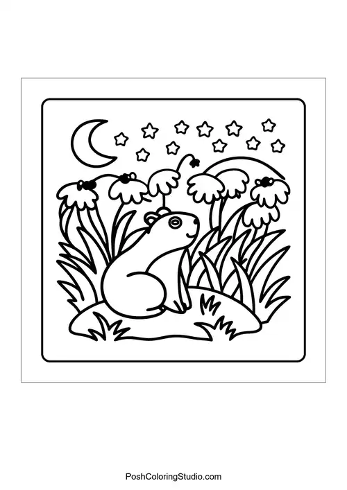 An otter splashing in a pond with ducklings swimming nearby (design 46) — free printable capybara coloring page