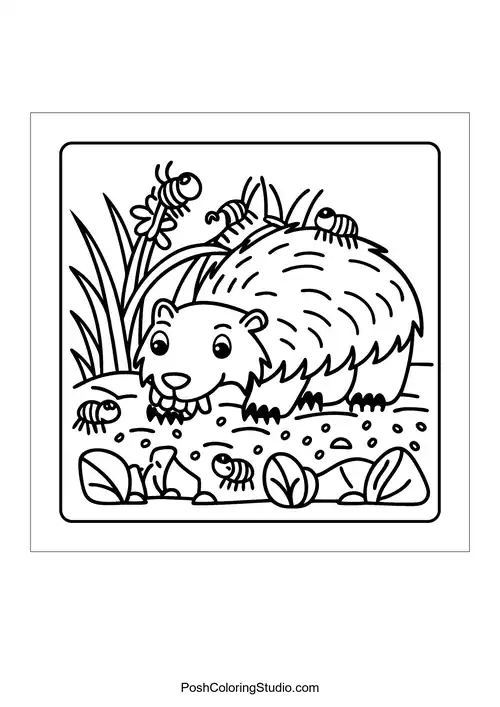 A beaver surrounded by insects and grass — free printable capybara coloring page