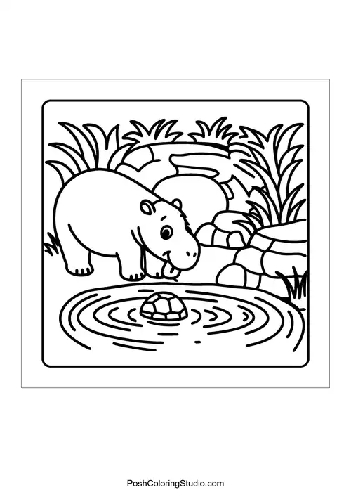 A hippo drinking water near a pond — free printable capybara coloring page