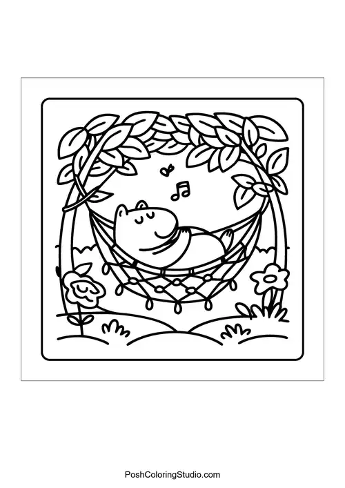 A bear relaxing in a hammock surrounded by trees — free printable capybara coloring page