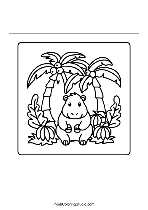 A hippo sitting between palm trees — free printable capybara coloring page