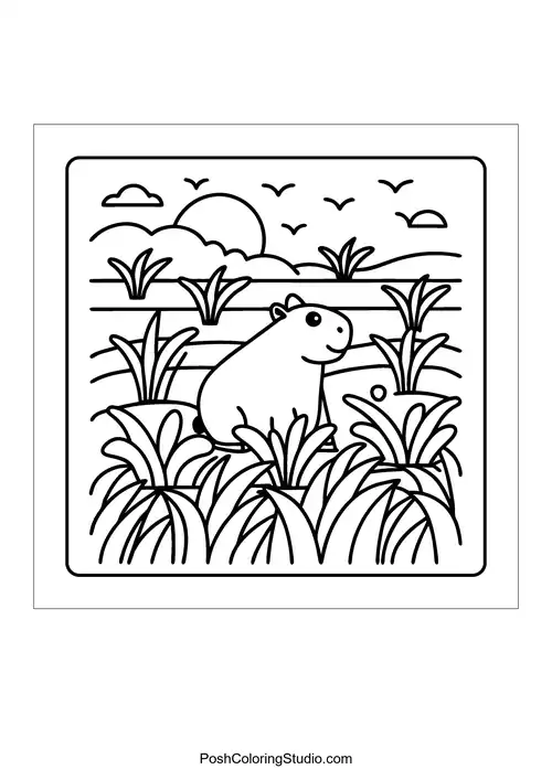 An otter wearing a scarf, walking through a grassy field — free printable capybara coloring page