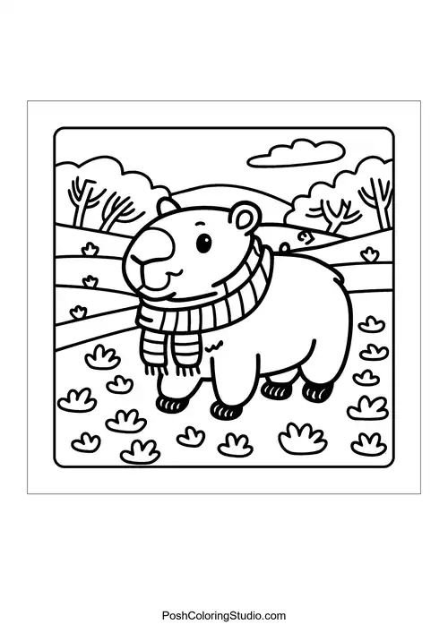 An otter surrounded by sunflowers and bees buzzing around — free printable capybara coloring page
