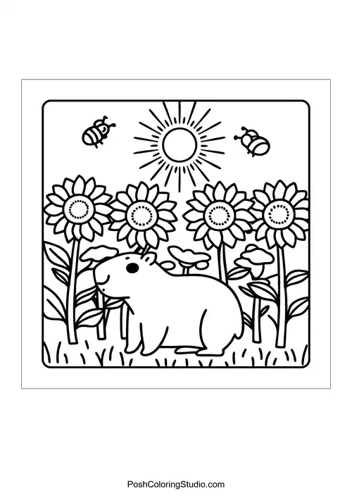 An otter walking through a field of flowers with bees nearby — free printable capybara coloring page