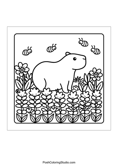 An otter sniffing flowers in a garden filled with sunflowers — free printable capybara coloring page