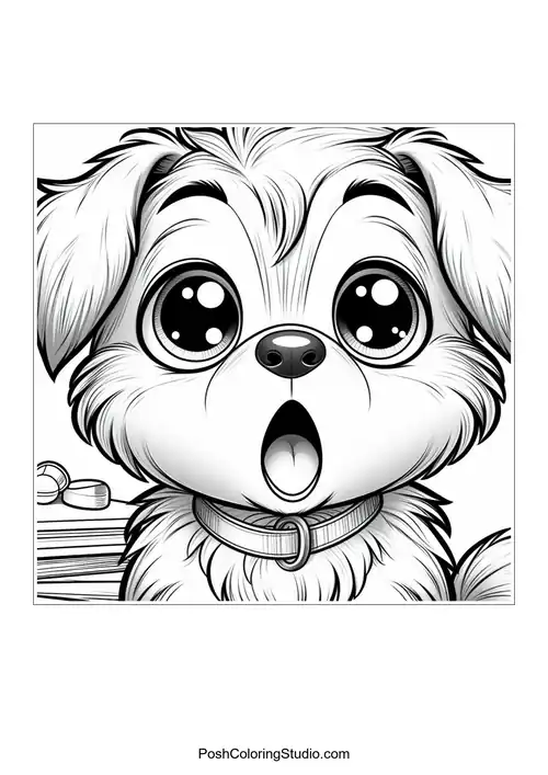 A surprised puppy with big eyes and an open mouth.