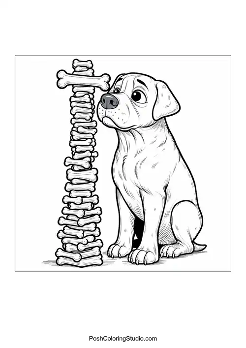 A dog sitting beside a tall stack of bones, looking hopeful.