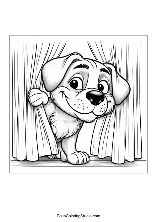 A dog peeking from behind curtains with a playful expression.