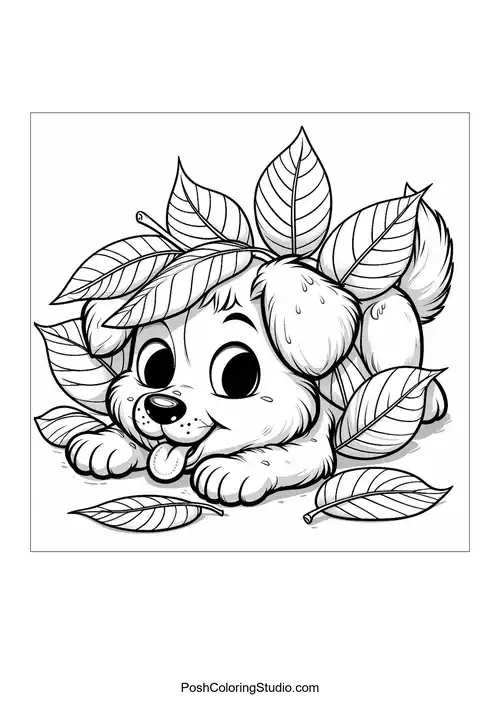 A puppy hiding under a pile of leaves with a curious look.