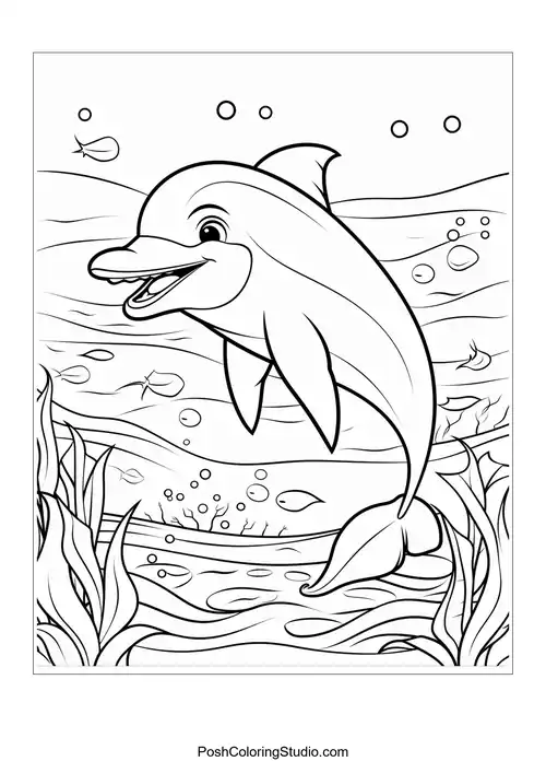 A dolphin swimming happily among bubbles and fish.