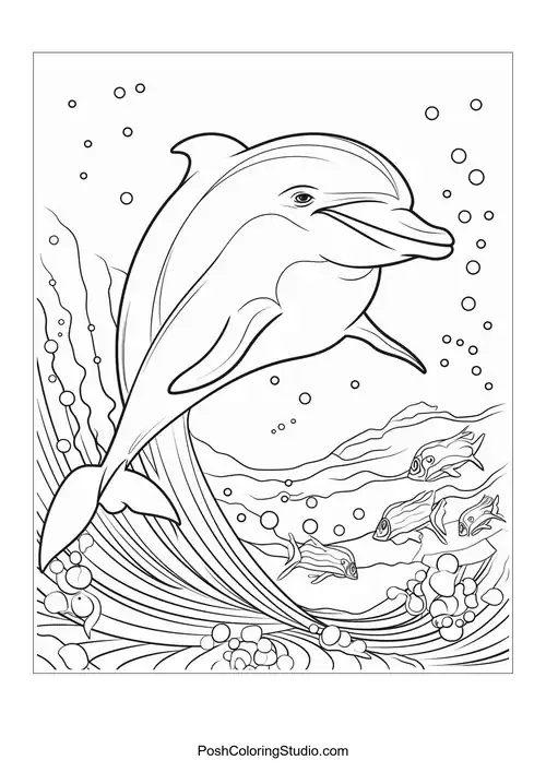 A dolphin swimming with a joyful expression and fish nearby.