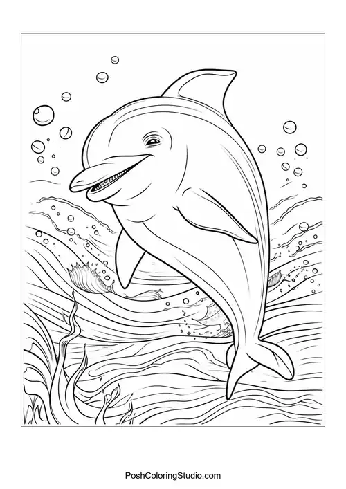 A dolphin swimming joyfully with a backdrop of bubbles.