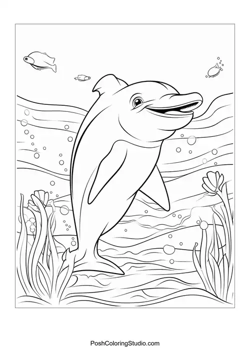 A dolphin swimming with a joyful expression and bubbles.