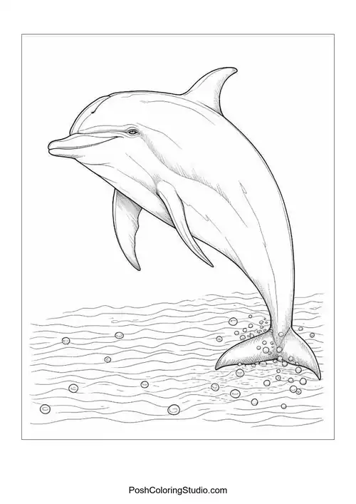 A dolphin swimming joyfully with a backdrop of bubbles.