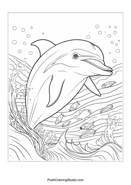 A dolphin swimming with a joyful expression and bubbles.