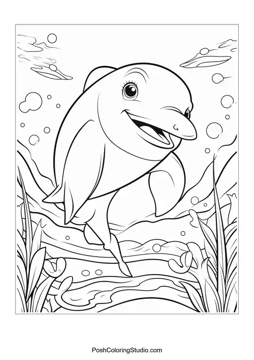 A dolphin swimming joyfully with bubbles and fish around.