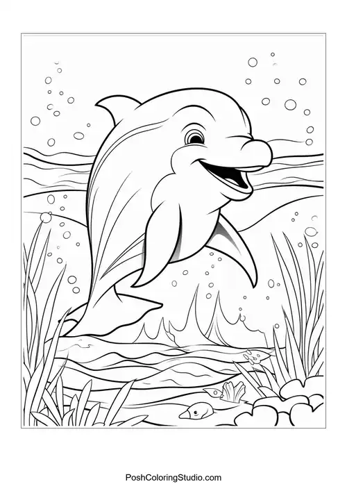 A dolphin swimming gracefully with a backdrop of seaweed.